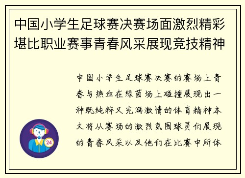 中国小学生足球赛决赛场面激烈精彩堪比职业赛事青春风采展现竞技精神