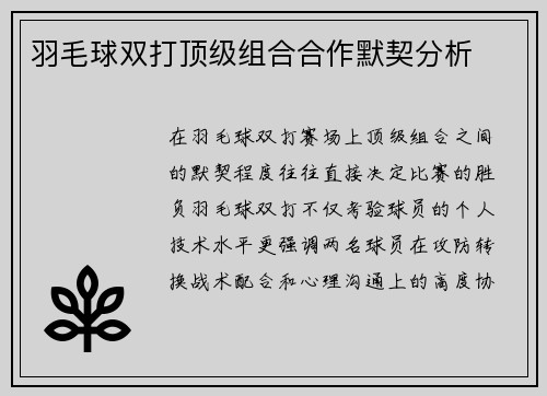 羽毛球双打顶级组合合作默契分析